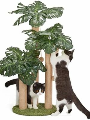 Palm Paradise Cat Scratcher Tree by [Brand] - 33" Tall, 3 Poles, 2 Interactive Balls, Dual-Base Stability, Green Decor