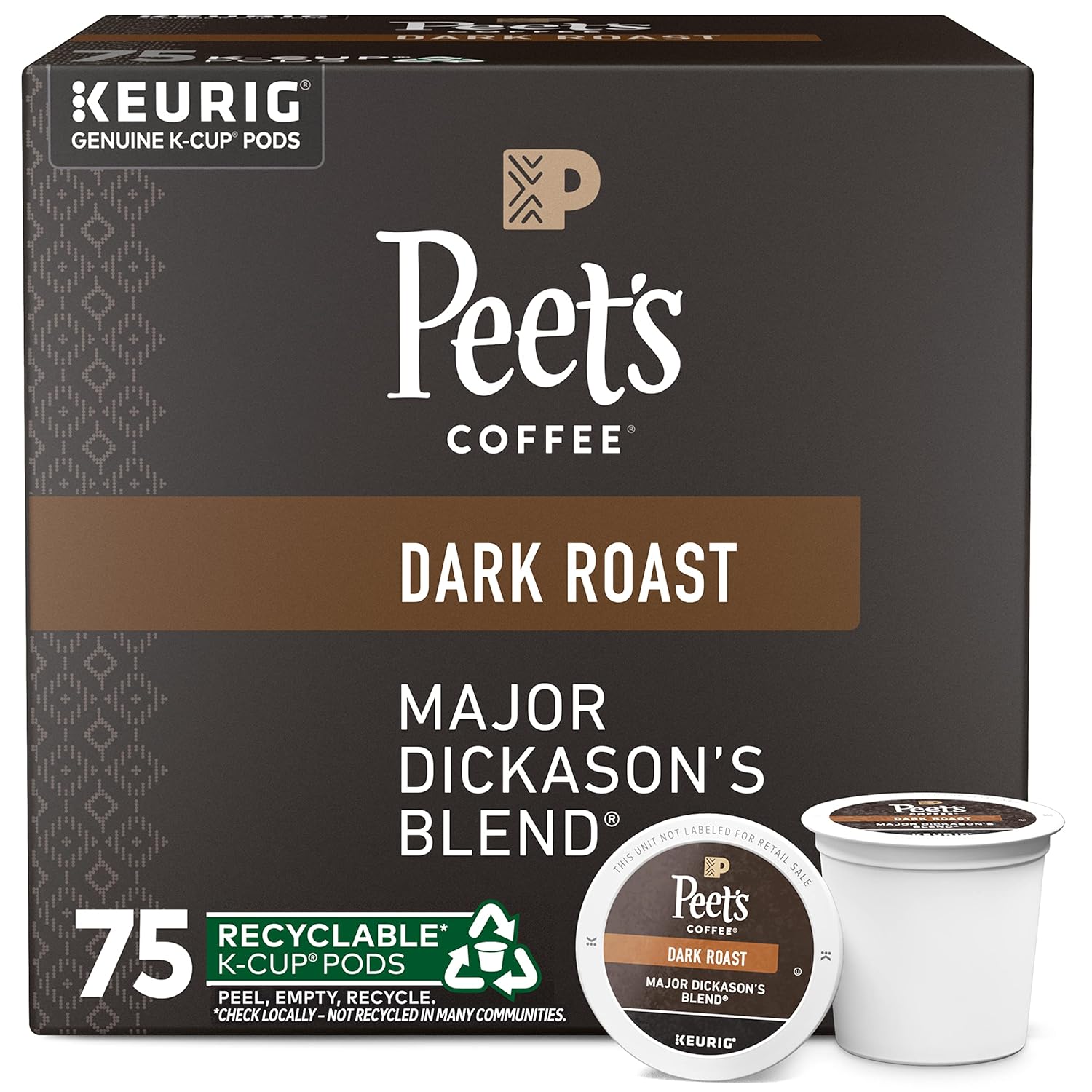 Peet's Major Dickason's Blend Dark Roast Coffee K-Cup Pods, 75 Count, 100% Arabica, Keurig Compatible