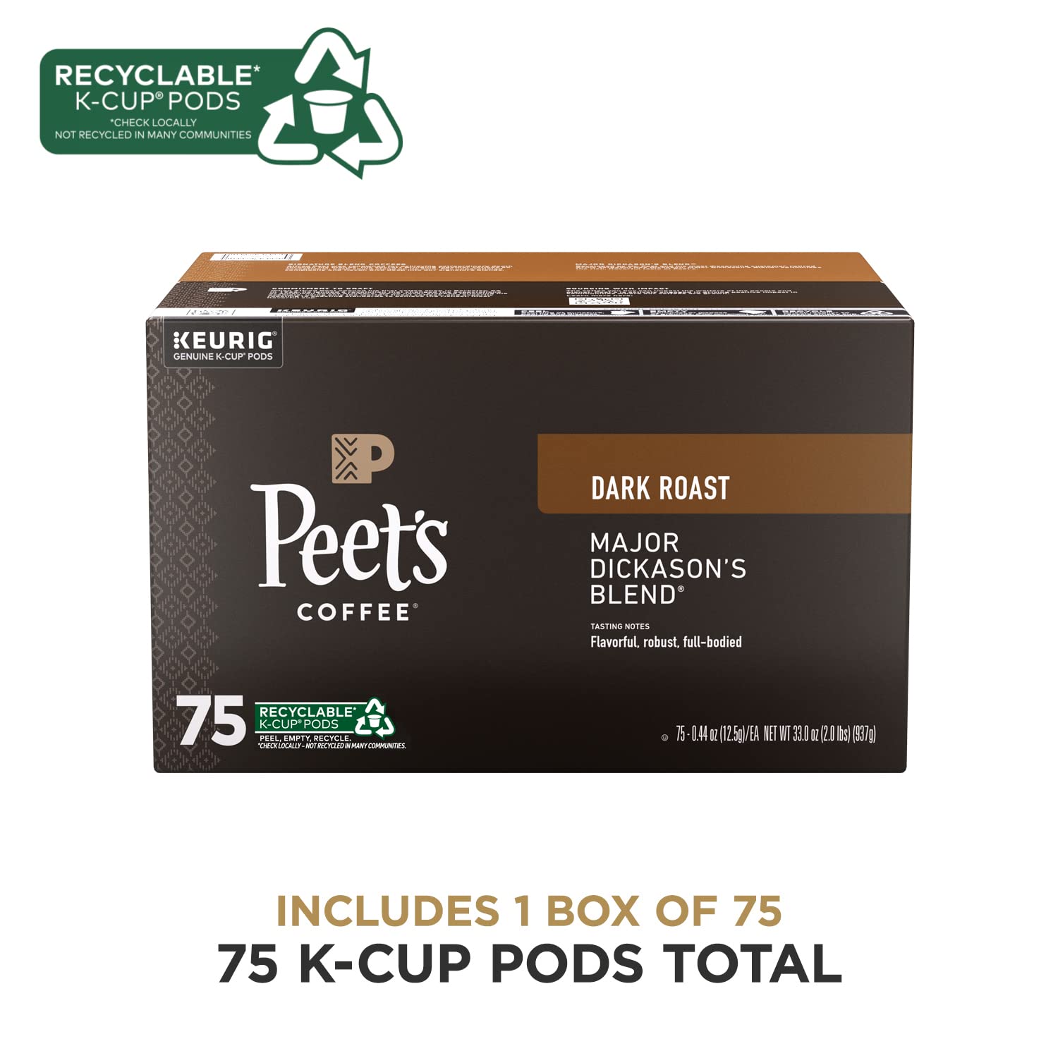 Peet's Major Dickason's Blend Dark Roast Coffee K-Cup Pods, 75 Count, 100% Arabica, Keurig Compatible