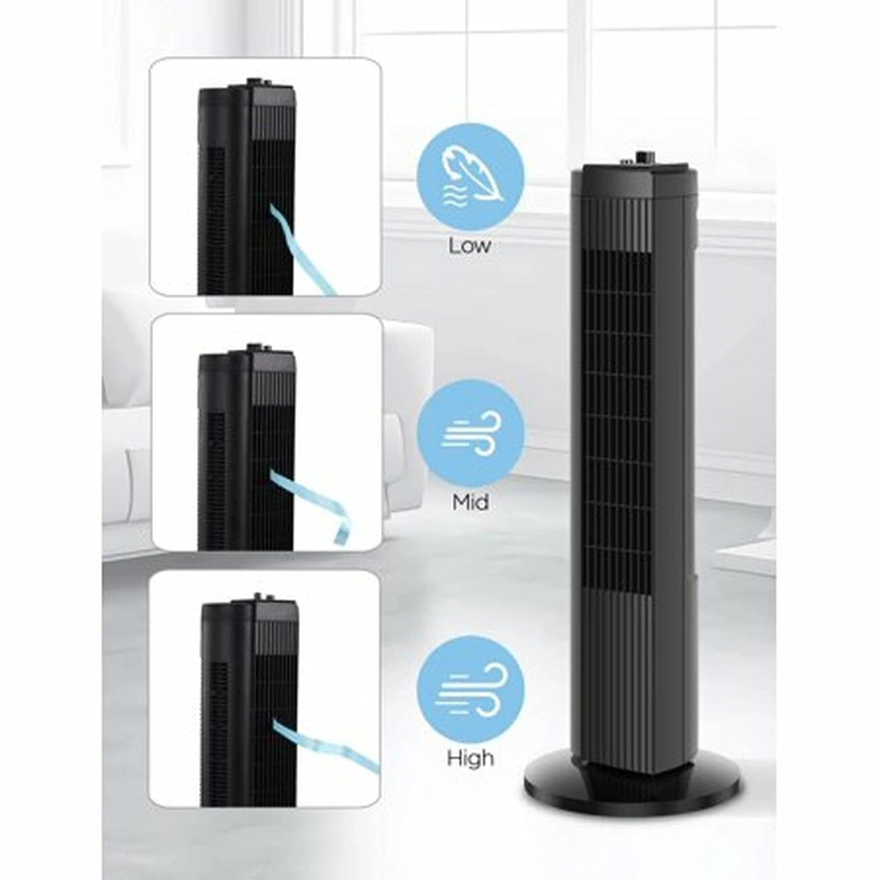 Pelonis 28" Oscillating Tower Fan, 3-Speed, Black, Space-Saving Design, UL Listed