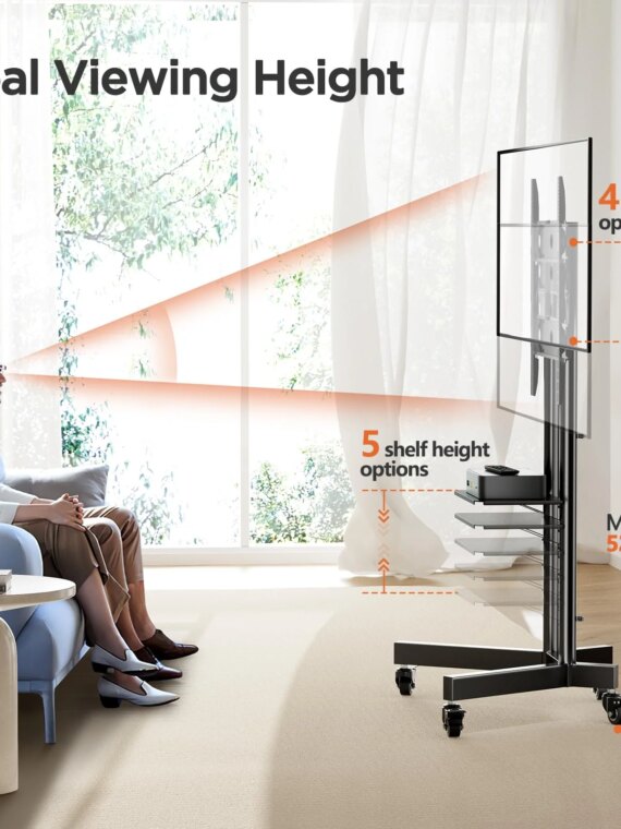 Perlegear Heavy Duty Rolling TV Stand for 32-85 Inch Screens, Height Adjustable, Easy Mobility, No Drilling Required