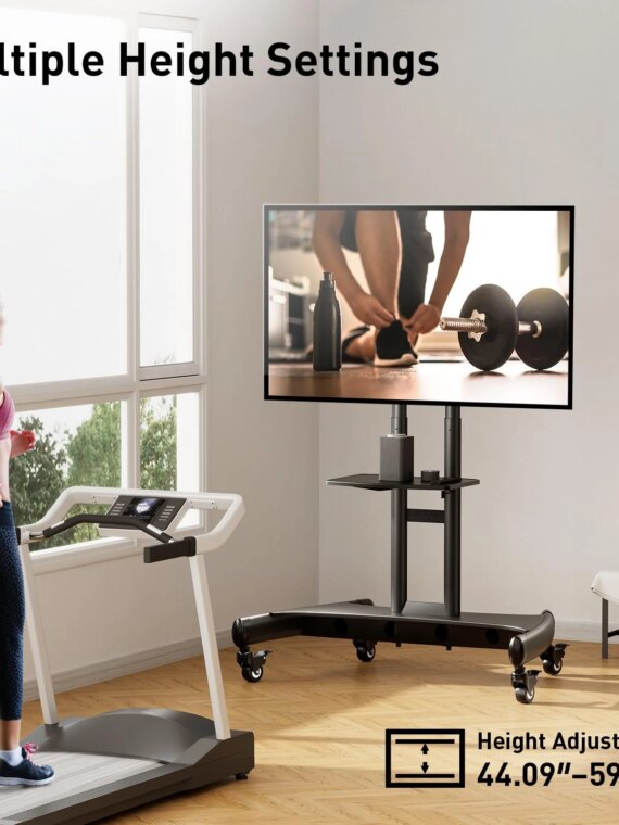 Perlegear Rolling TV Stand with AV Shelf for 32-80 Inch TVs, Adjustable Height, Universal VESA, Mobile Cart for Home & Office
