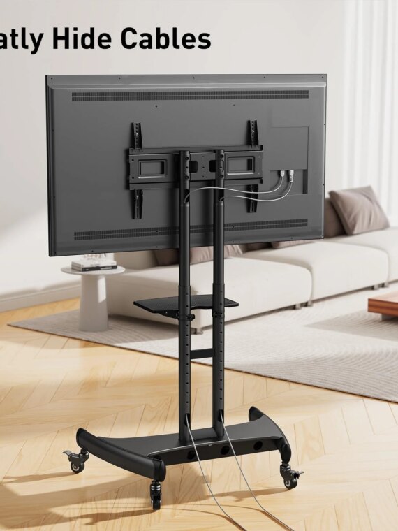 Perlegear Rolling TV Stand with AV Shelf for 32-80 Inch TVs, Adjustable Height, Universal VESA, Mobile Cart for Home & Office