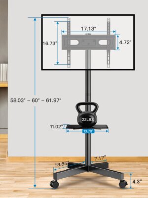 PERLESMITH Mobile TV Stand, 23-60 Inch, Universal VESA, Tilt & Lockable Wheels, Supports 88 lbs