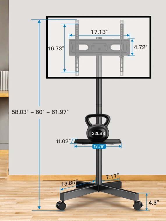 PERLESMITH Mobile TV Stand, 23-60 Inch, Universal VESA, Tilt & Lockable Wheels, Supports 88 lbs