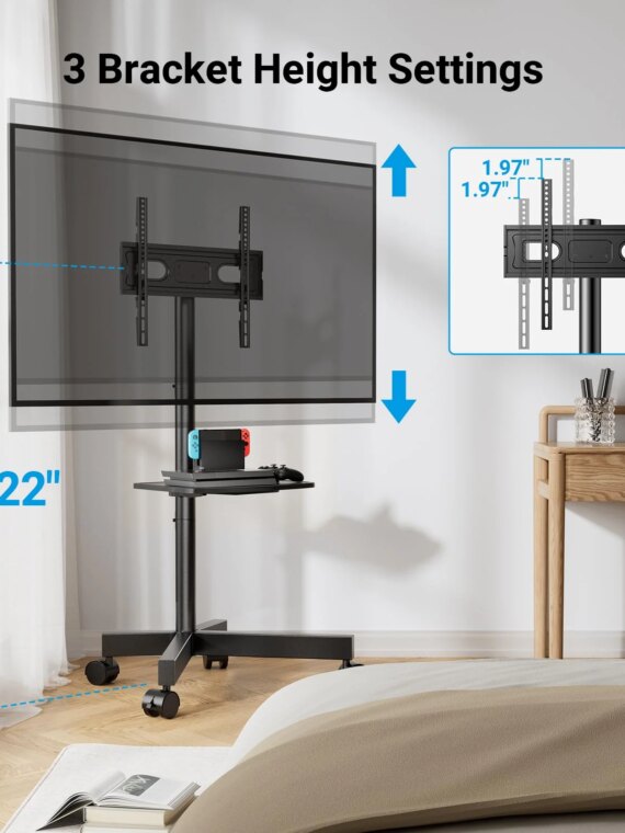 PERLESMITH Mobile TV Stand, 23-60 Inch, Universal VESA, Tilt & Lockable Wheels, Supports 88 lbs