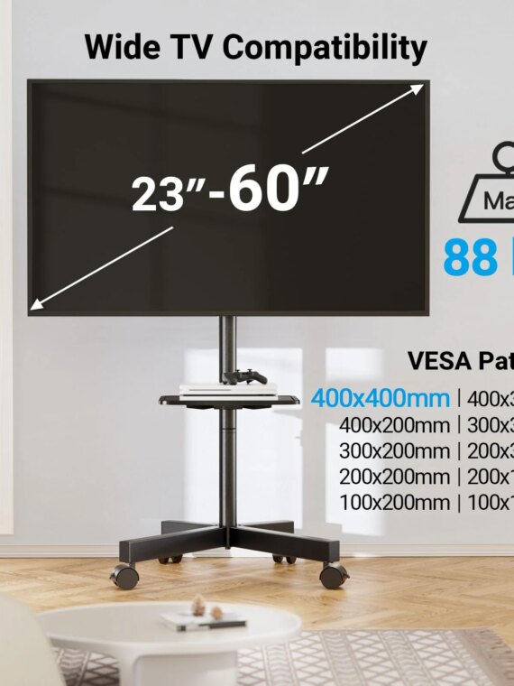 PERLESMITH Mobile TV Stand, 23-60 Inch, Universal VESA, Tilt & Lockable Wheels, Supports 88 lbs