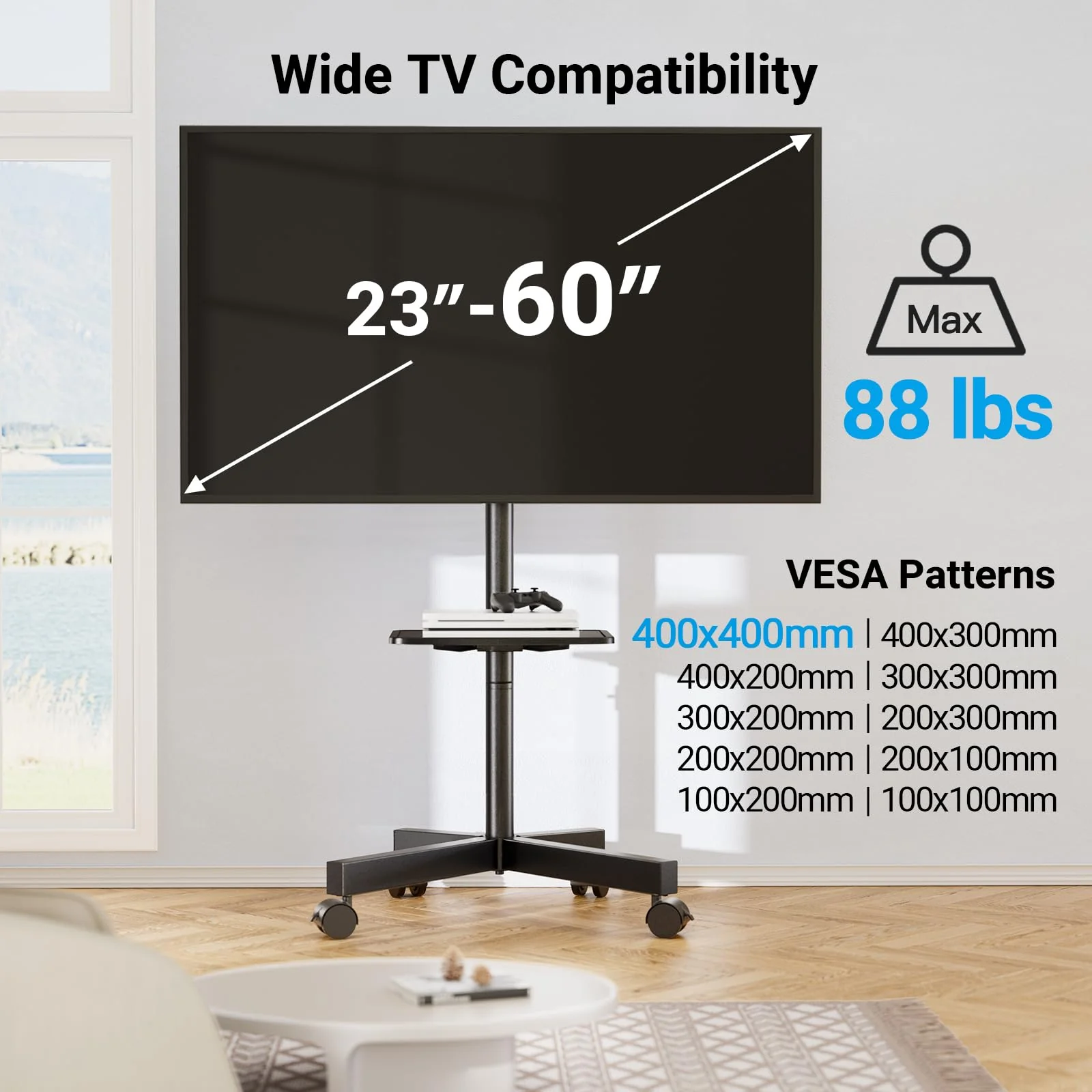 PERLESMITH Mobile TV Stand, 23-60 Inch, Universal VESA, Tilt & Lockable Wheels, Supports 88 lbs