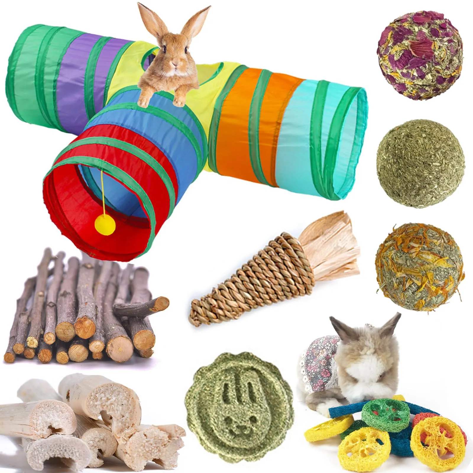 PetJoy Rabbit Tunnel & Chew Toy Set - Tear-Resistant Polyester, Includes Tunnel, Grass Balls, Apple Sticks, Loofahs - For Rabbits & Small Rodents