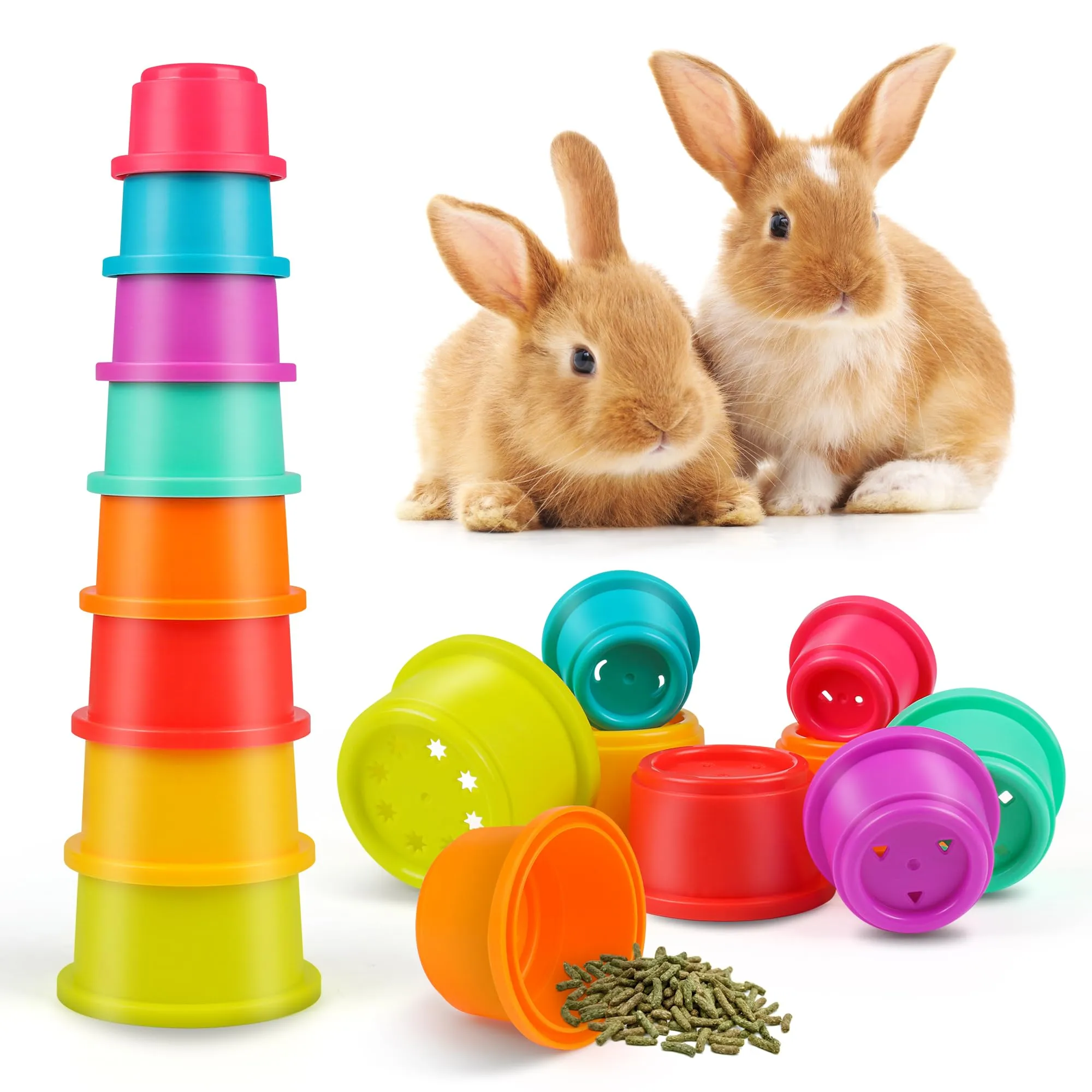 PetPlay 8-Piece Stackable Plastic Nesting Snack Cups for Rabbits - Durable, Colorful, BPA-Free Toys