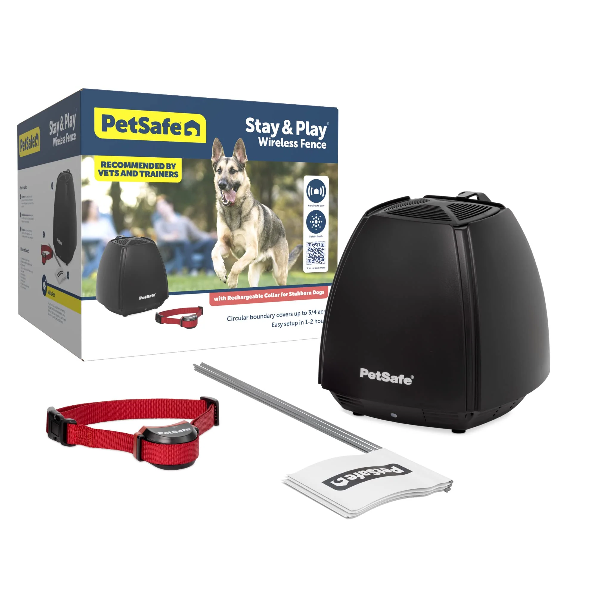 PetSafe Stay & Play Wireless Dog Fence for Stubborn Dogs, 3/4-Acre Coverage, Rechargeable Collar