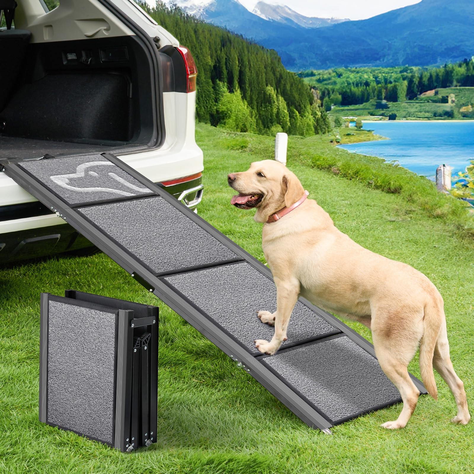 PetThem Aluminum Dog Ramp for SUVs - 63" Long, 17" Wide, Non-Slip, Supports 250 lbs