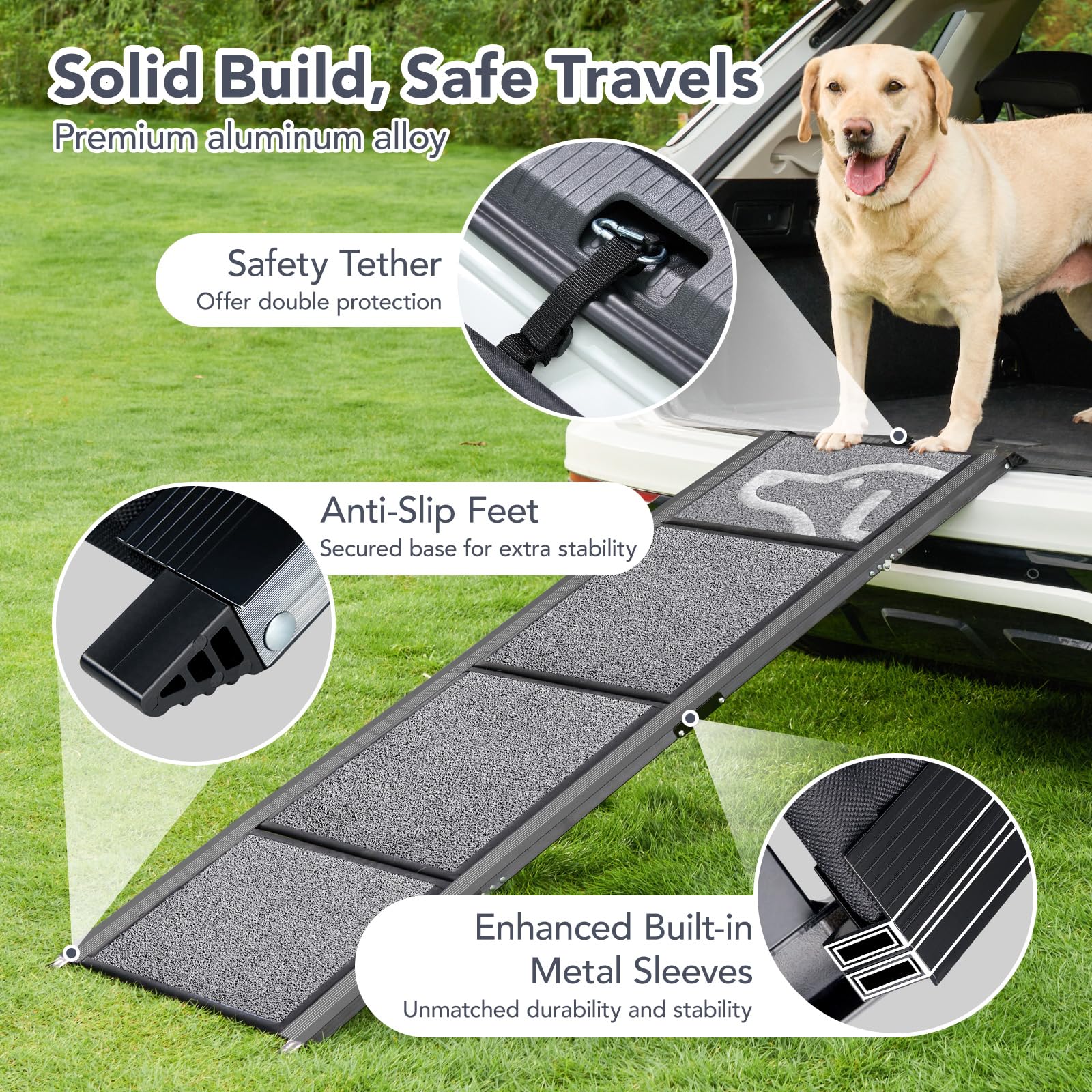 PetThem Aluminum Dog Ramp for SUVs - 63" Long, 17" Wide, Non-Slip, Supports 250 lbs
