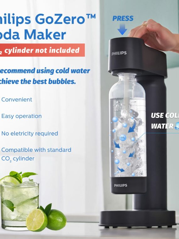 Philips Soda Maker - Compact Carbonating Machine, Compatible with 60L CO2 Cylinder, Includes 1L BPA-Free Bottle