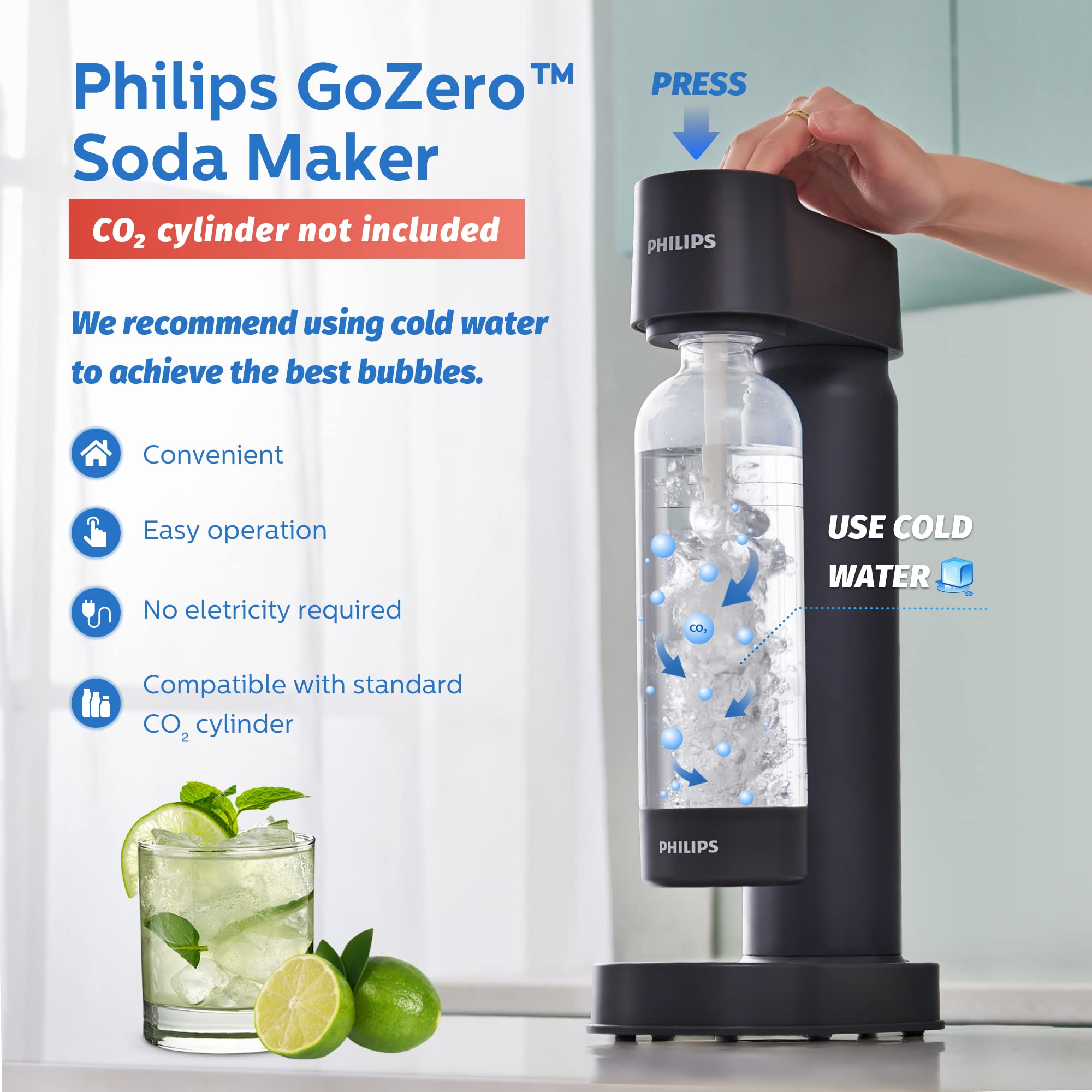 Philips Soda Maker - Compact Carbonating Machine, Compatible with 60L CO2 Cylinder, Includes 1L BPA-Free Bottle