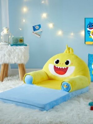 Pinkfong Baby Shark 2-in-1 Flip Out Chair, Blue, Plush Polyester, Converts to Bed, Lightweight & Portable