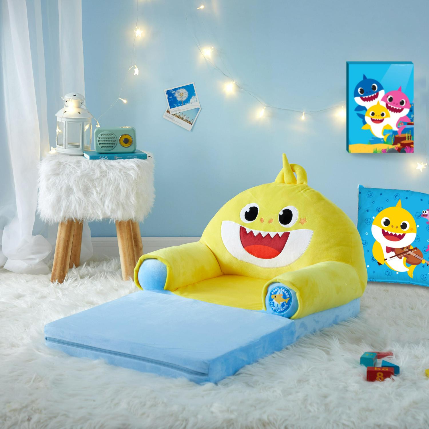 Pinkfong Baby Shark 2-in-1 Flip Out Chair, Blue, Plush Polyester, Converts to Bed, Lightweight & Portable