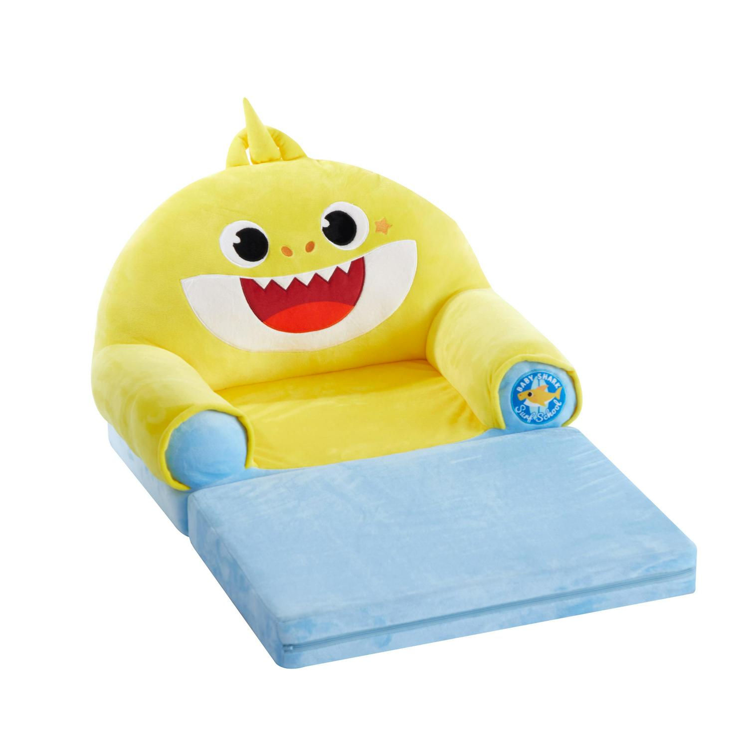 Pinkfong Baby Shark 2-in-1 Flip Out Chair, Blue, Plush Polyester, Converts to Bed, Lightweight & Portable