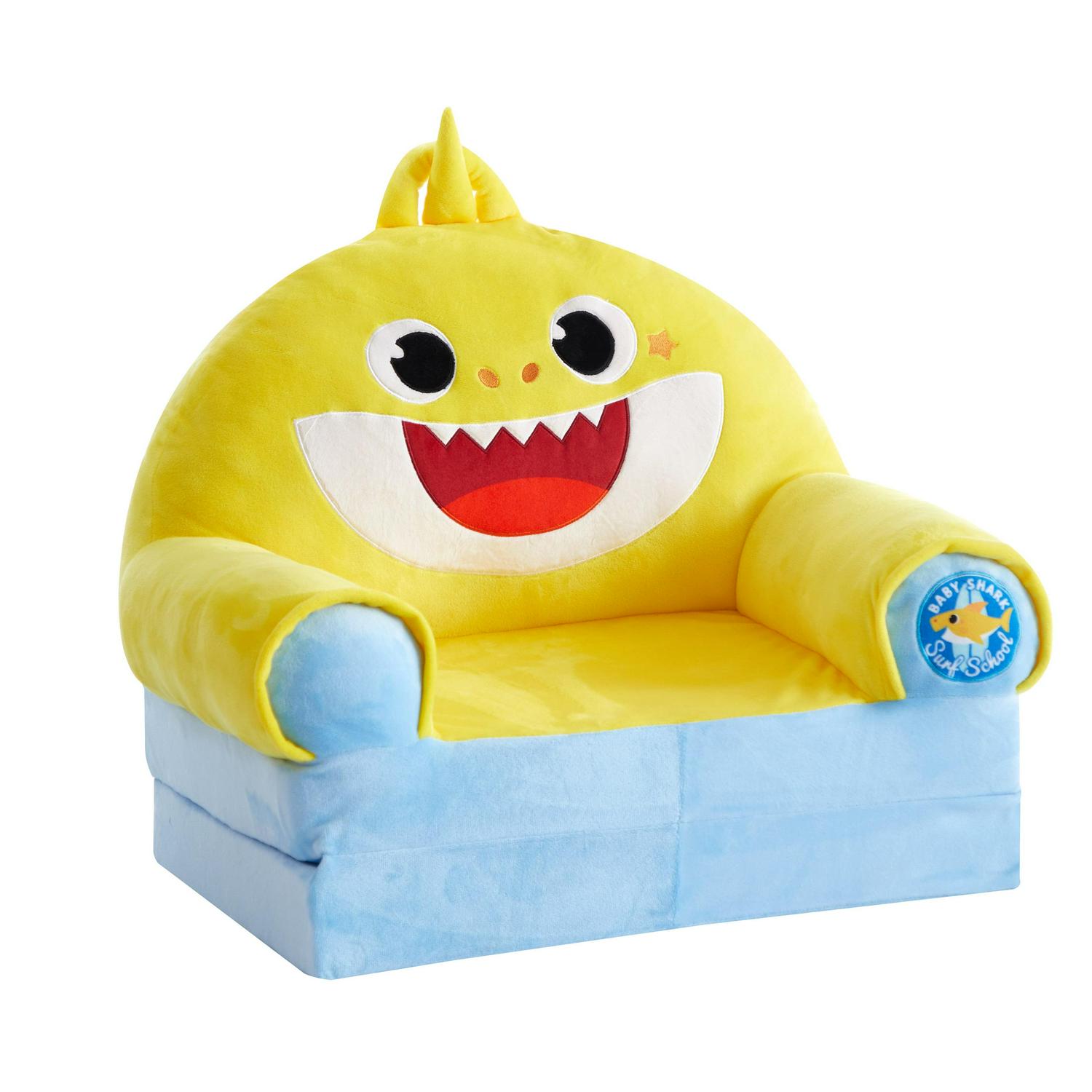 Pinkfong Baby Shark 2-in-1 Flip Out Chair, Blue, Plush Polyester, Converts to Bed, Lightweight & Portable