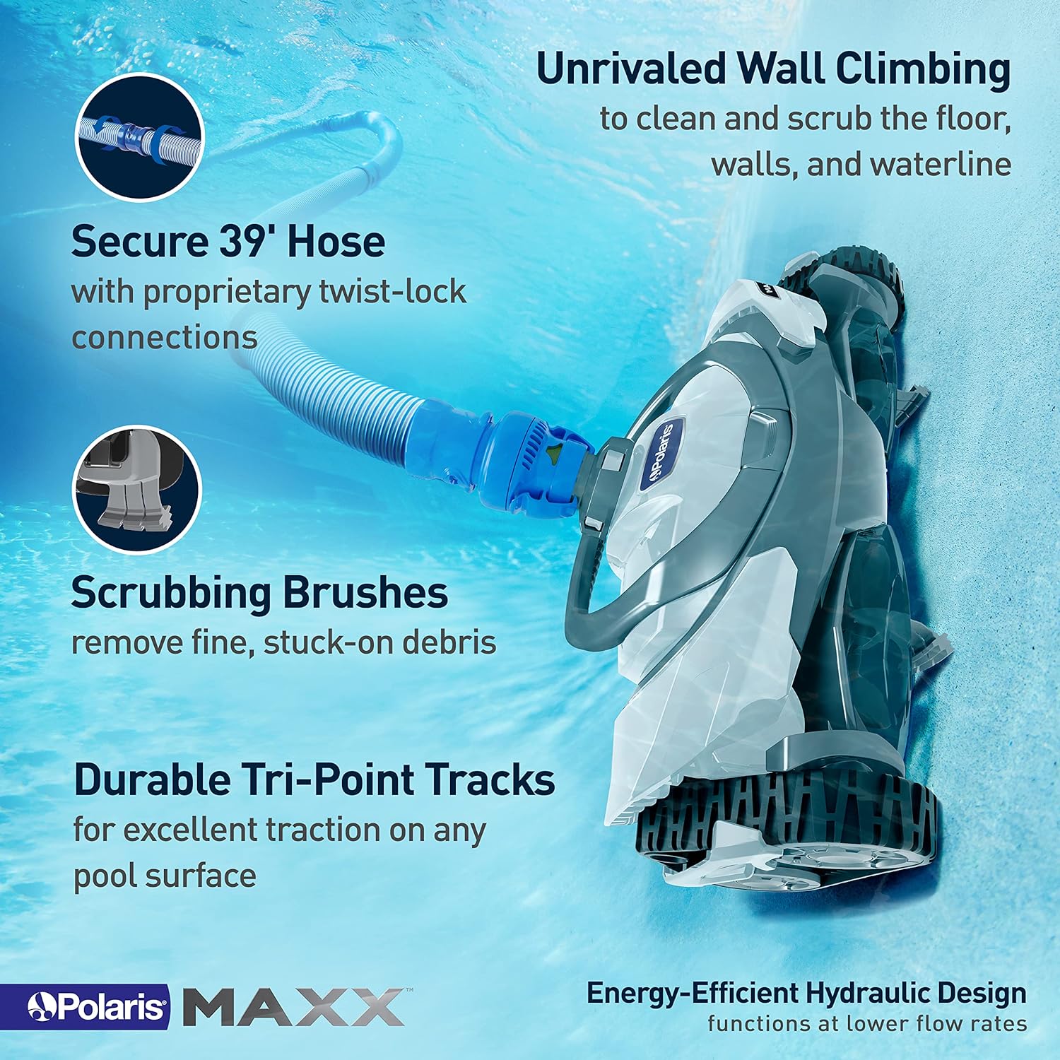 Polaris MAXX Suction-Side Pool Cleaner, Smart Navigation, Energy Efficient, In-Ground Compatible, White