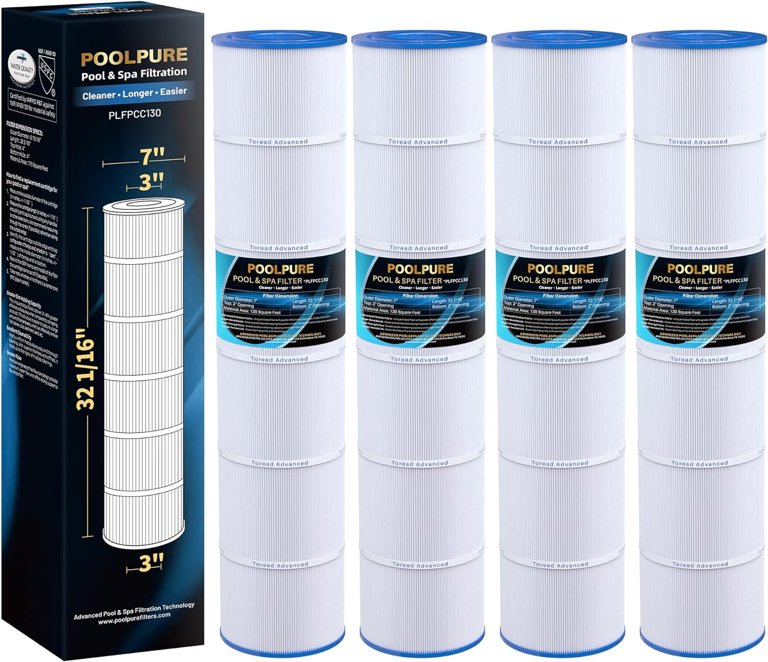 POOLPURE PLFPCC130 Pool Filter, 130 sq.ft, Replaces Pentair CCP520, NSF/ANSI 50 Certified, Trilobal Fabric