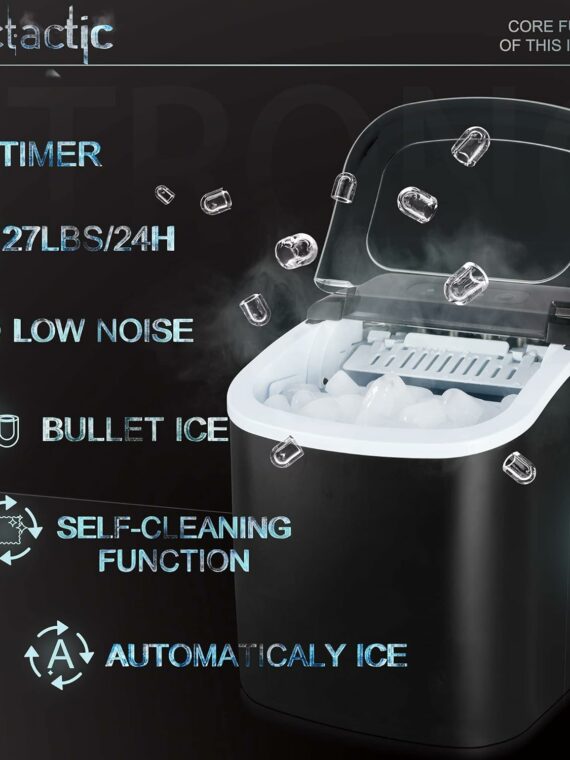 Portable Black Ice Maker - Compact Self-Cleaning Countertop Machine with Scoop & Basket, 26.6 lbs/Day, 8-10 Min Cycle, Ideal for Home/Office Use