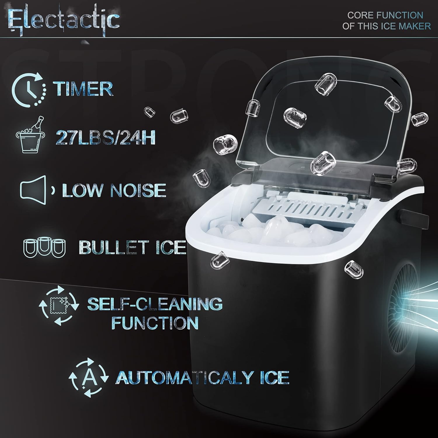 Portable Black Ice Maker - Compact Self-Cleaning Countertop Machine with Scoop & Basket, 26.6 lbs/Day, 8-10 Min Cycle, Ideal for Home/Office Use