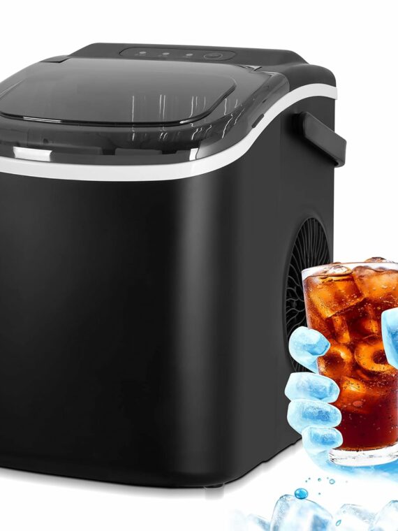 Portable Black Ice Maker - Compact Self-Cleaning Countertop Machine with Scoop & Basket, 26.6 lbs/Day, 8-10 Min Cycle, Ideal for Home/Office Use