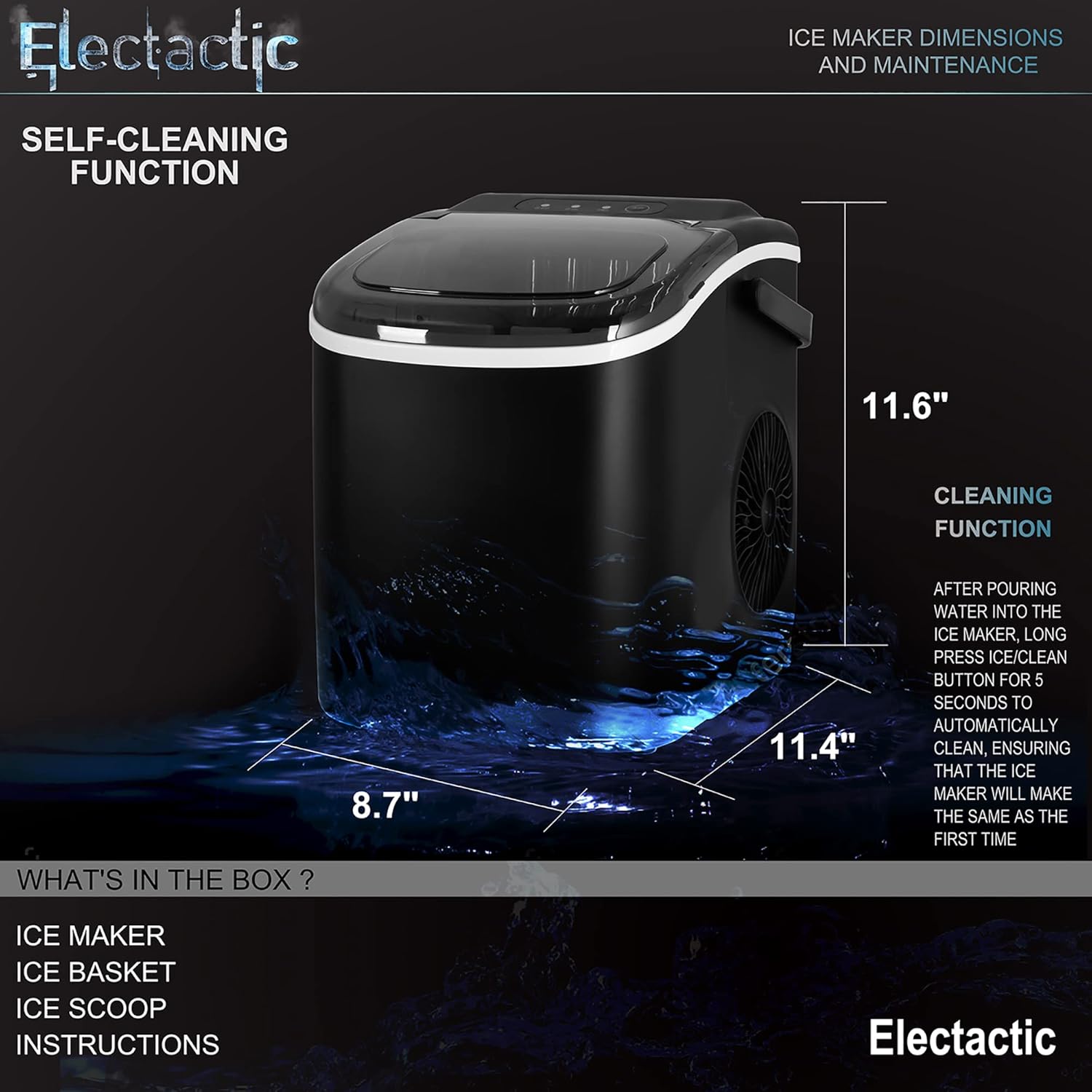 Portable Black Ice Maker - Compact Self-Cleaning Countertop Machine with Scoop & Basket, 26.6 lbs/Day, 8-10 Min Cycle, Ideal for Home/Office Use