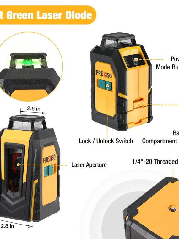 PREXISO 360° Self-Leveling Green Cross Line Laser Level with Tripod, 100Ft Range