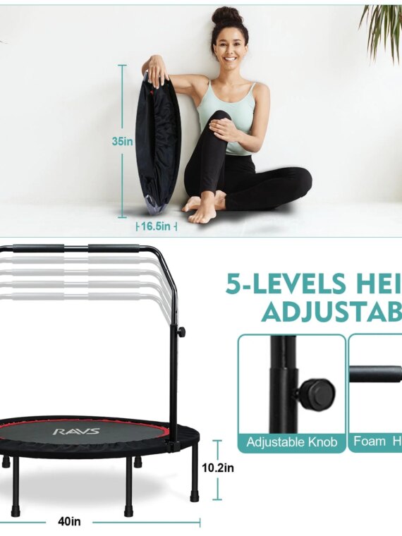 RAVS 40" Foldable Mini Trampoline with Adjustable Handrail, Supports 350 lbs, Fitness Rebounder for Kids & Adults