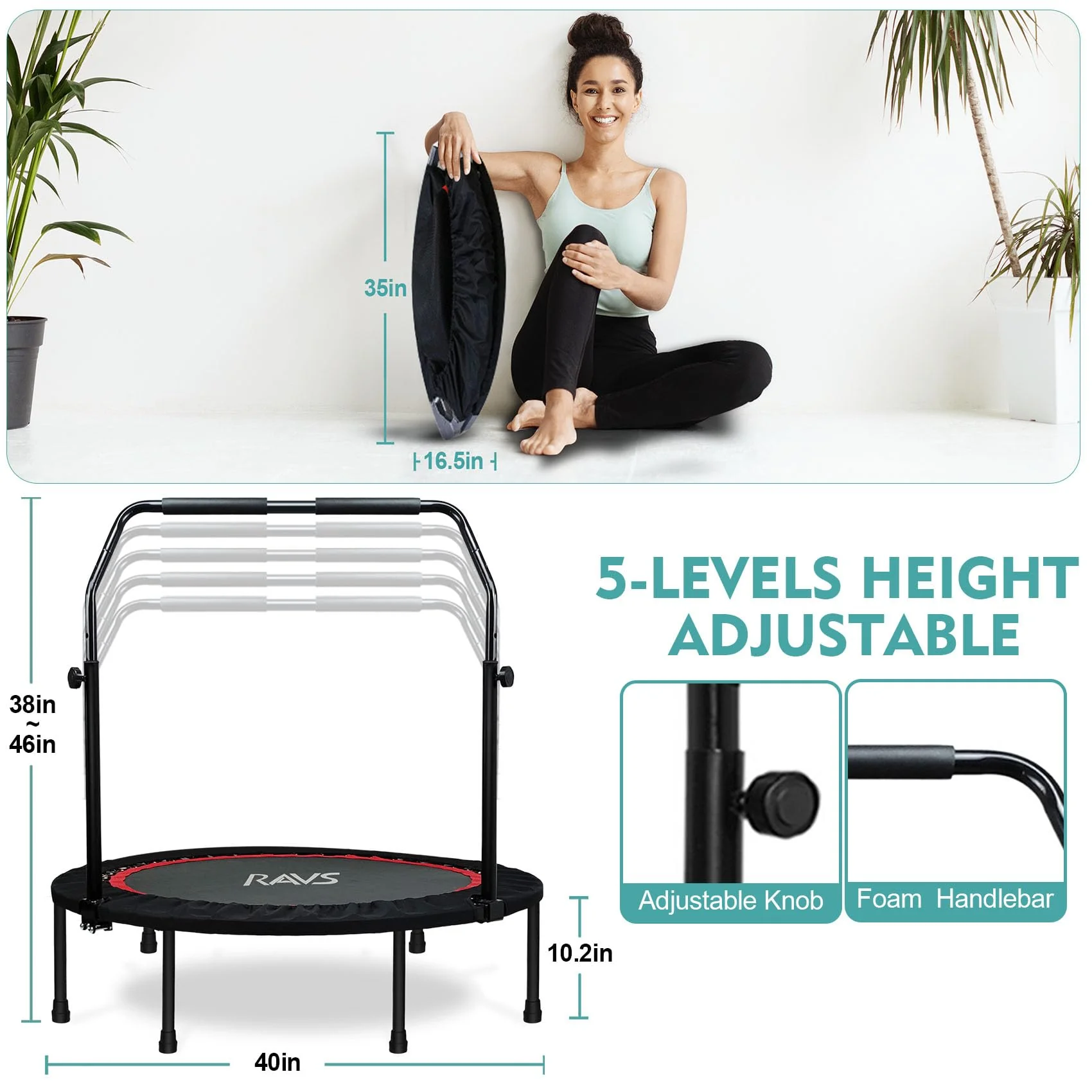 RAVS 40" Foldable Mini Trampoline with Adjustable Handrail, Supports 350 lbs, Fitness Rebounder for Kids & Adults