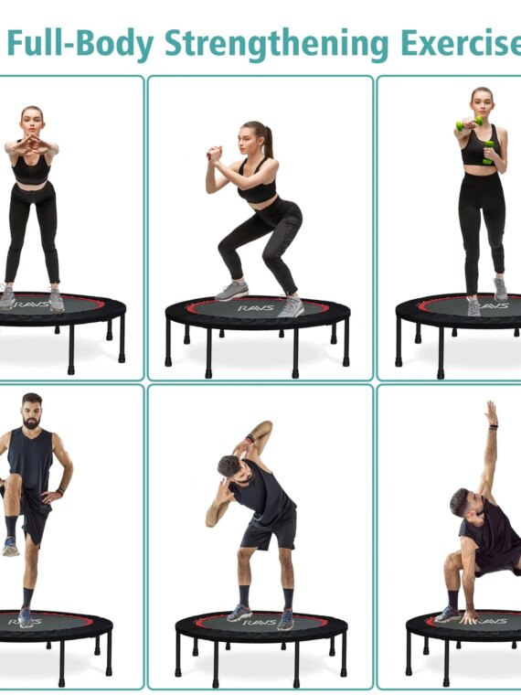 RAVS 40" Foldable Mini Trampoline with Adjustable Handrail, Supports 350 lbs, Fitness Rebounder for Kids & Adults