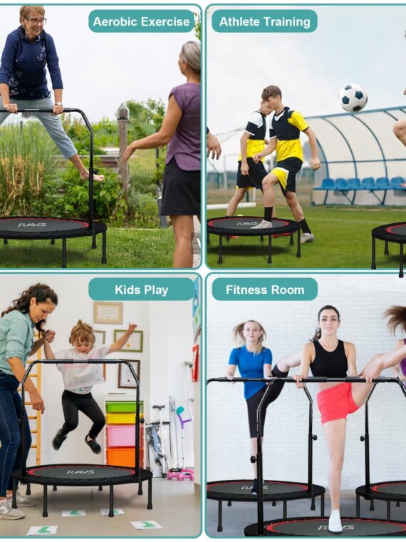 RAVS 40" Foldable Mini Trampoline with Adjustable Handrail, Supports 350 lbs, Fitness Rebounder for Kids & Adults