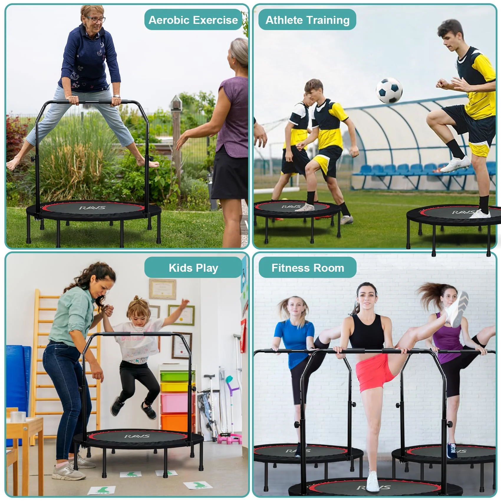 RAVS 40" Foldable Mini Trampoline with Adjustable Handrail, Supports 350 lbs, Fitness Rebounder for Kids & Adults