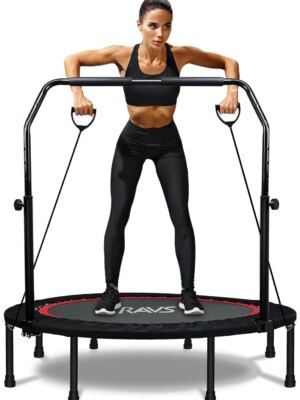 RAVS 40" Foldable Mini Trampoline with Adjustable Handrail, Supports 350 lbs, Fitness Rebounder for Kids & Adults