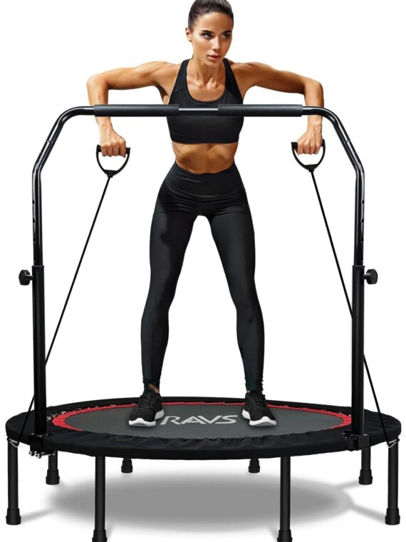 RAVS 40" Foldable Mini Trampoline with Adjustable Handrail, Supports 350 lbs, Fitness Rebounder for Kids & Adults
