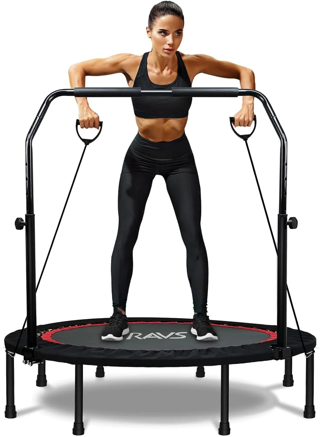 RAVS 40" Foldable Mini Trampoline with Adjustable Handrail, Supports 350 lbs, Fitness Rebounder for Kids & Adults