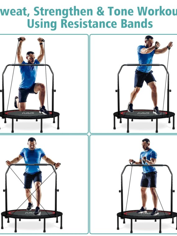 RAVS 40" Foldable Mini Trampoline with Adjustable Handrail, Supports 350 lbs, Fitness Rebounder for Kids & Adults