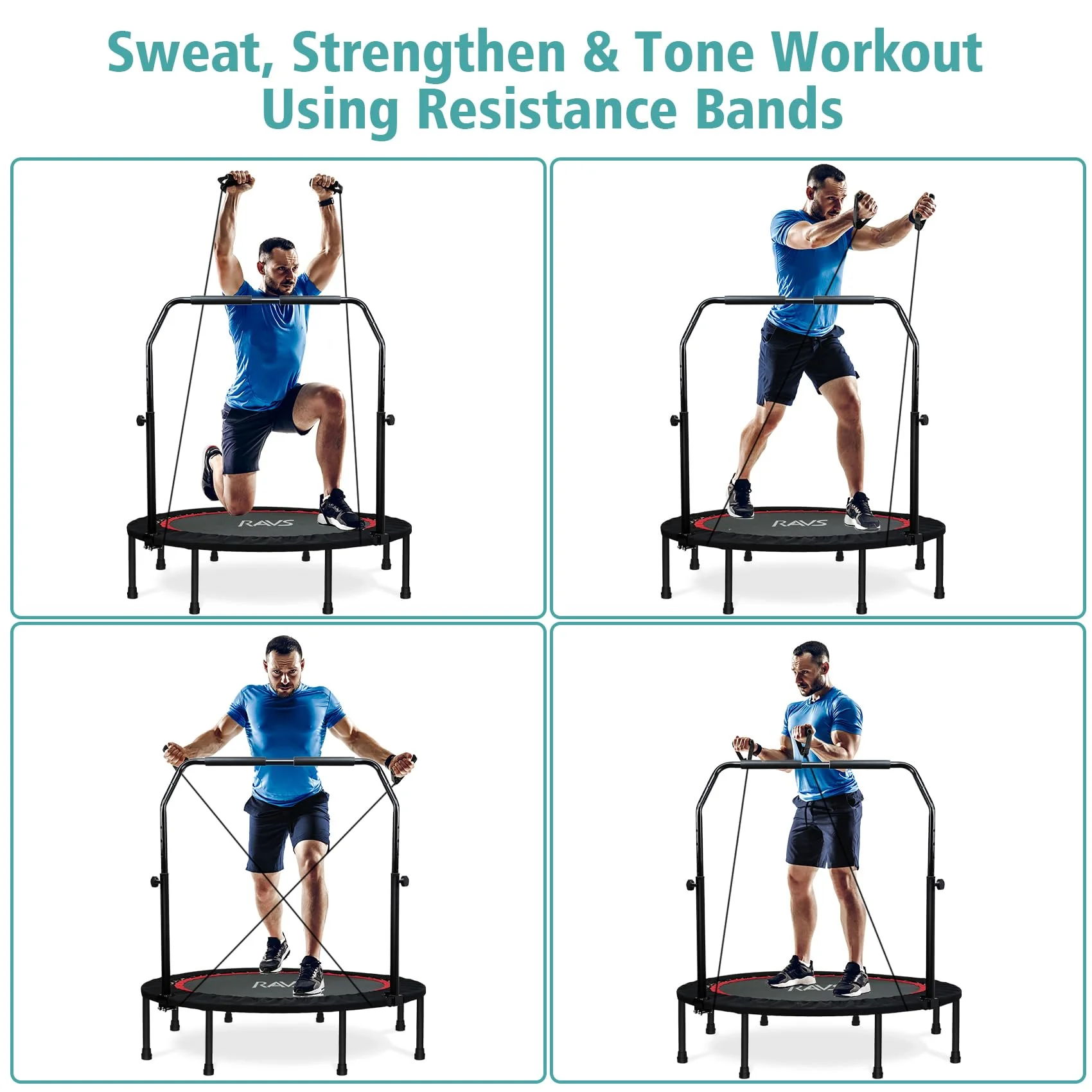 RAVS 40" Foldable Mini Trampoline with Adjustable Handrail, Supports 350 lbs, Fitness Rebounder for Kids & Adults