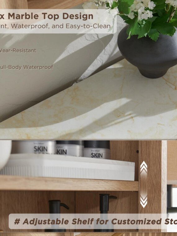 RedLemon Bathroom Wall Cabinet with Fluted Sliding Door, White Faux Marble Top, Adjustable Shelf, 24" Height, Durable MDF