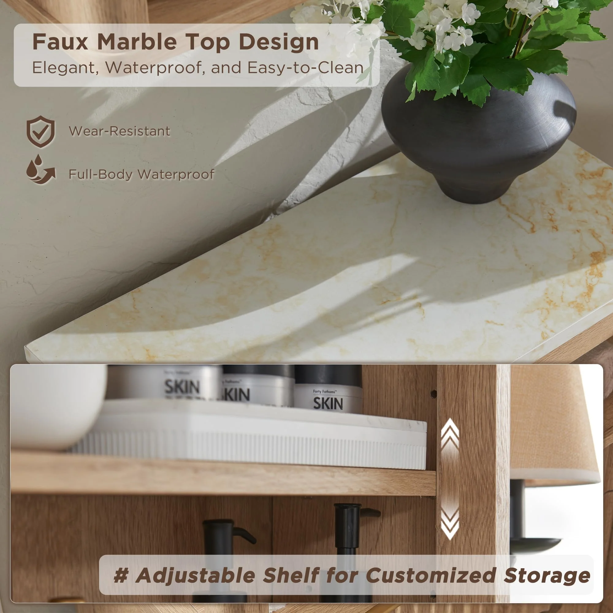 RedLemon Bathroom Wall Cabinet with Fluted Sliding Door, White Faux Marble Top, Adjustable Shelf, 24" Height, Durable MDF