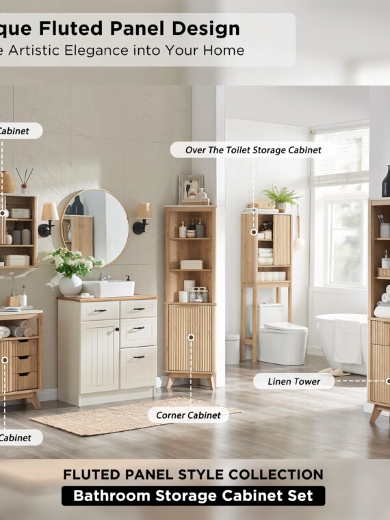 RedLemon Bathroom Wall Cabinet with Fluted Sliding Door, White Faux Marble Top, Adjustable Shelf, 24" Height, Durable MDF