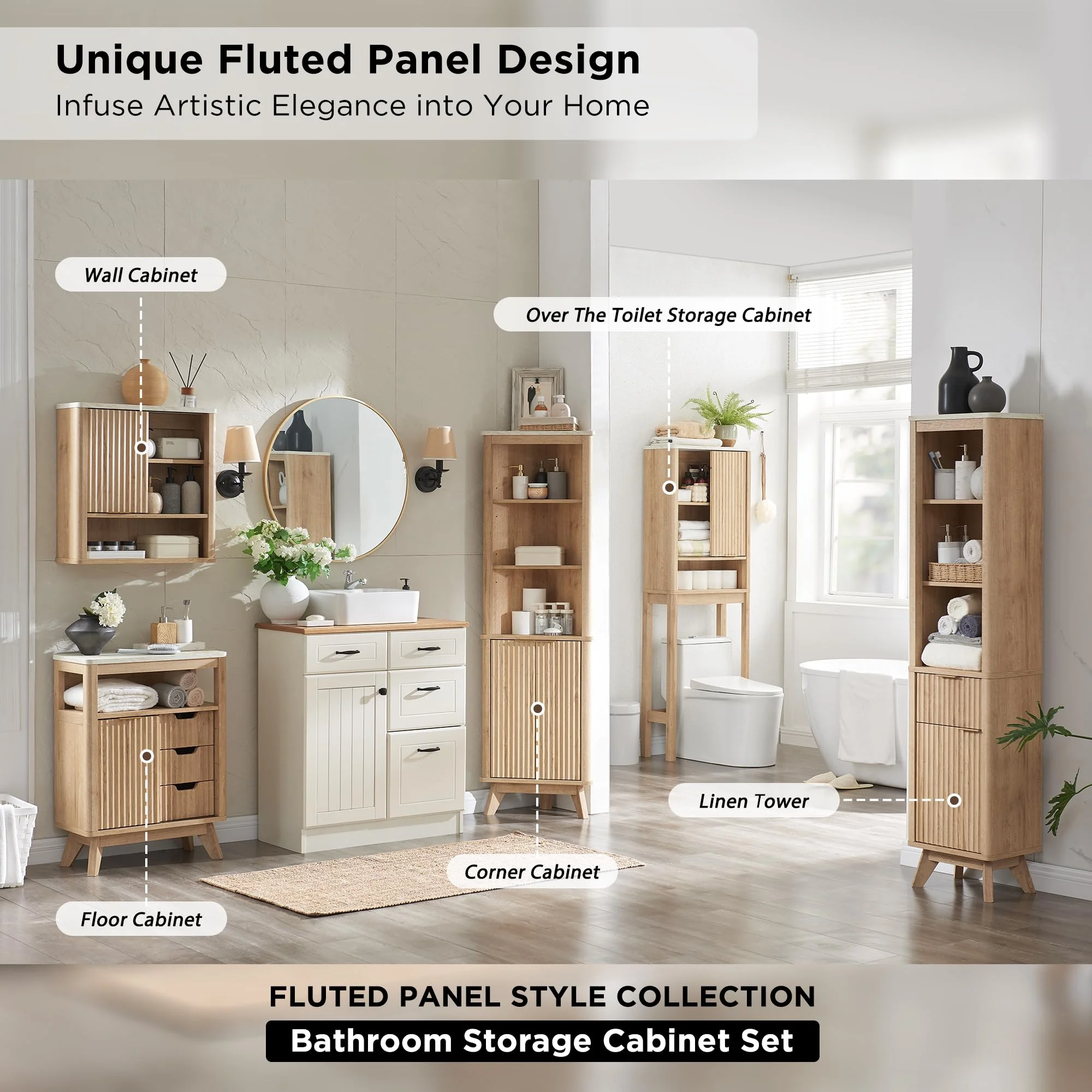 RedLemon Bathroom Wall Cabinet with Fluted Sliding Door, White Faux Marble Top, Adjustable Shelf, 24" Height, Durable MDF