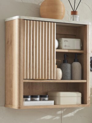 RedLemon Bathroom Wall Cabinet with Fluted Sliding Door, White Faux Marble Top, Adjustable Shelf, 24" Height, Durable MDF