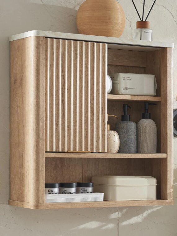 RedLemon Bathroom Wall Cabinet with Fluted Sliding Door, White Faux Marble Top, Adjustable Shelf, 24" Height, Durable MDF