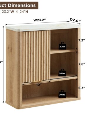 RedLemon Bathroom Wall Cabinet with Fluted Sliding Door, White Faux Marble Top, Adjustable Shelf, 24″ Height, Durable MDF