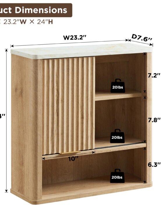 RedLemon Bathroom Wall Cabinet with Fluted Sliding Door, White Faux Marble Top, Adjustable Shelf, 24" Height, Durable MDF