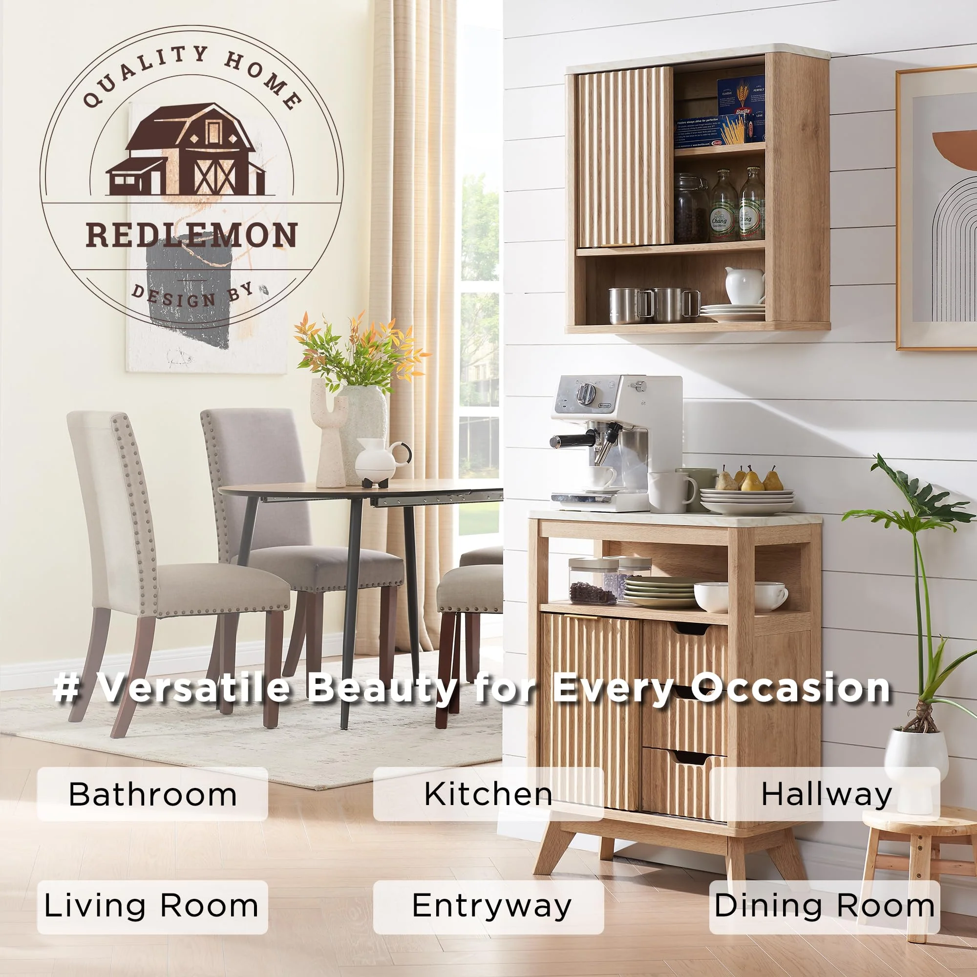 RedLemon Bathroom Wall Cabinet with Fluted Sliding Door, White Faux Marble Top, Adjustable Shelf, 24" Height, Durable MDF