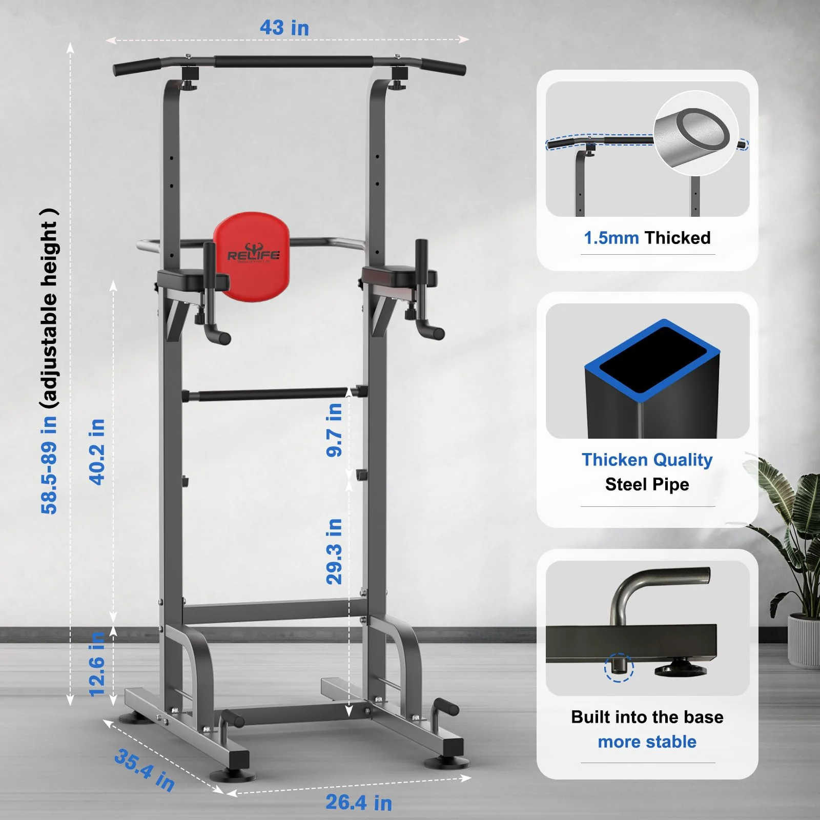 RELIFE Power Tower Pull Up Bar Station, 450 lbs Capacity, Adjustable Heights & Handle, Multifunctional Dip Station for Home Gym